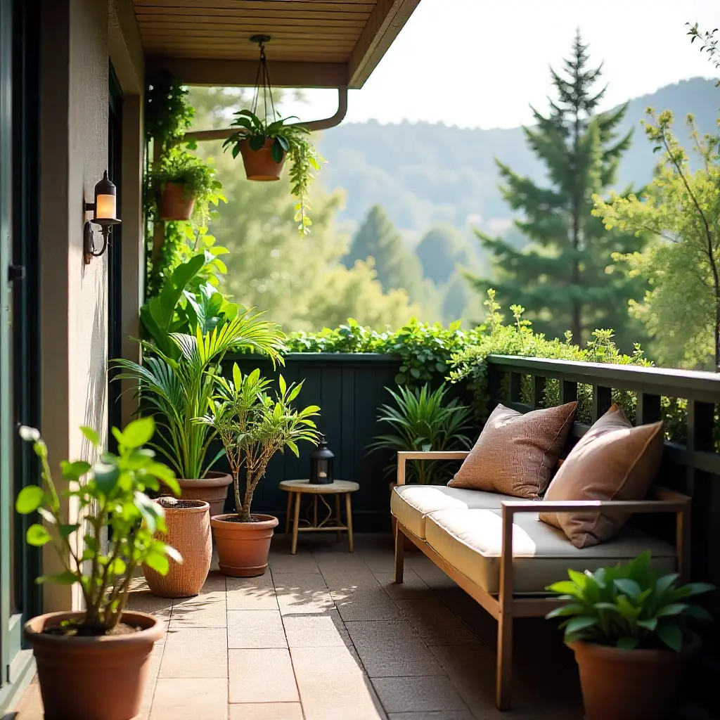 מרפסת מעוצבת עם צמחים ופינת ישיבה