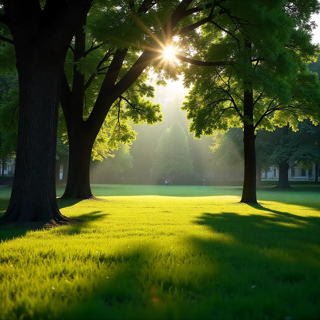גן עירוני עם עצים ומדשאות